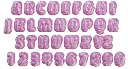 realistic isolated pink glitter balloons font alphabet and numbers on transparent background.
