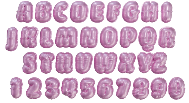 realistic isolated pink glitter balloons font alphabet and numbers on transparent background.