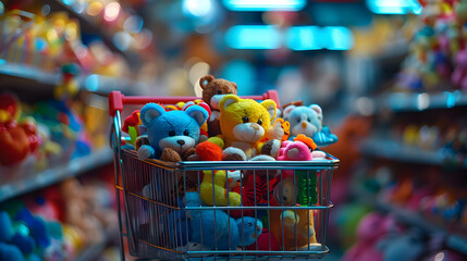 colorful kids toys in the shopping cart with nature background,kids play toys,children's day concept ,Generative Ai