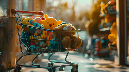 colorful kids toys in the shopping cart with nature background,kids play toys,children's day concept ,Generative Ai