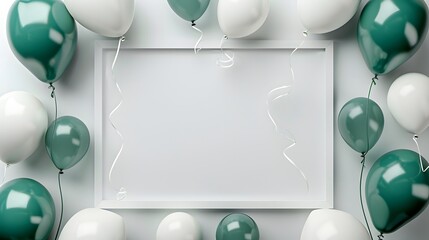 White frame background, green and white balloons around the edges of square frame, flat lay with confetti, flatlay, top view