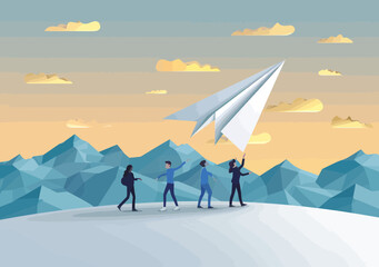 Mentoring for success: Manager coaching team on reaching goals, launching paper plane with staff ? vector illustration of workplace guidance, business advisers, motivational support