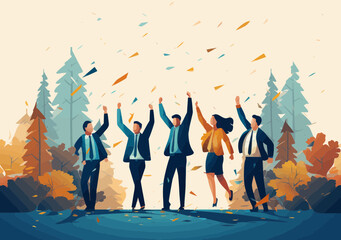 Office Colleagues High-Fiving after Teamwork Win - Minimalist Vector of Successful Businessman, Businesswoman Celebrating Achievement, Partnership, Togetherness