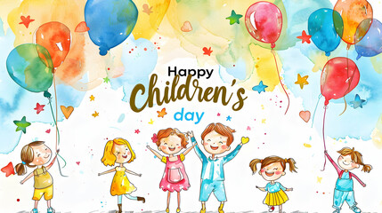 Happy children's day ,world children's day ,watercolor painting illustration,children's day concept background,Generative Ai