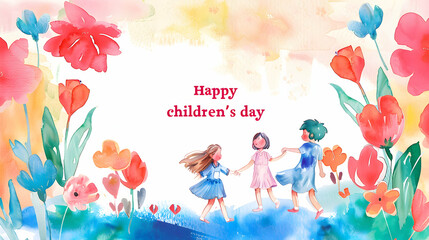 Happy children's day ,world children's day ,watercolor painting illustration,children's day concept background,Generative Ai
