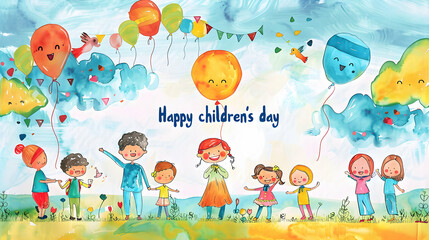 Obraz premium Happy children's day ,world children's day ,watercolor painting illustration,children's day concept background,Generative Ai
