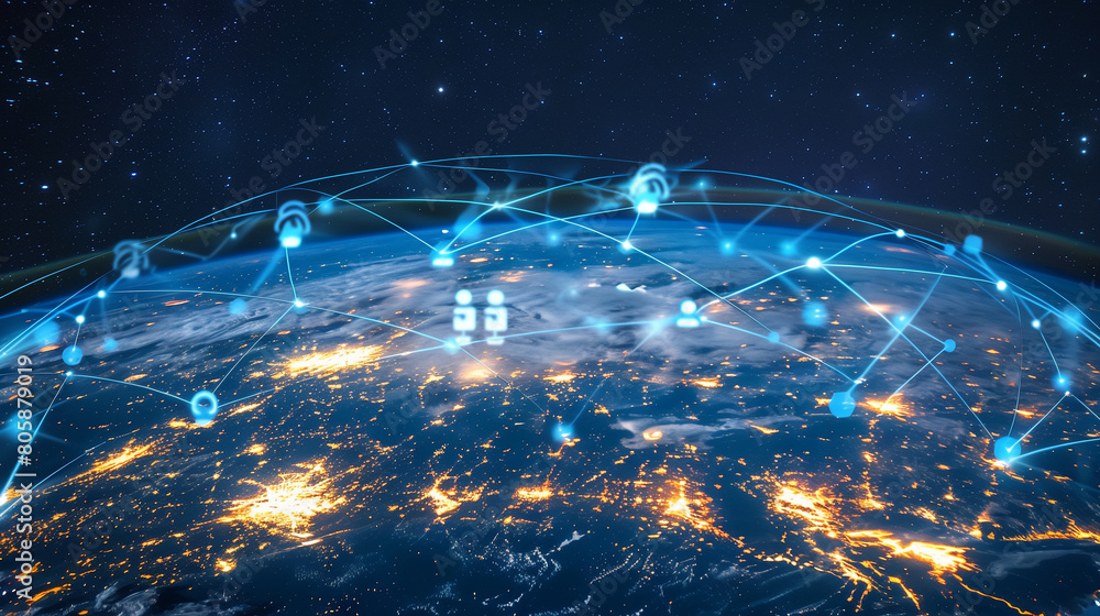 Poster digital transformation in telecommunications with an image showing 5g networks and satellite communi