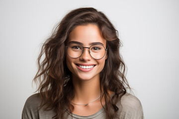 Obraz premium Young pretty brunette girl over isolated white background with glasses