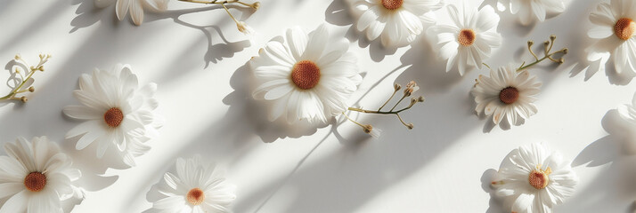 Daisies on the wall, daisy flowers, soft light, minimalism, real photography, high definition details 