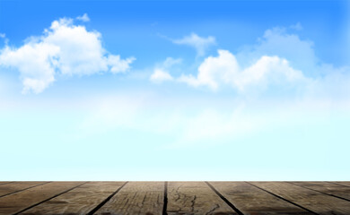 nature good perspective old wooden floor and beautiful cloudy blue sky background.