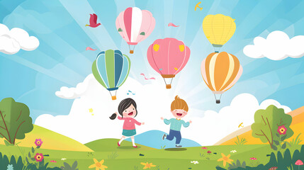 children playing field with balloons ,kids play together,children's day concept illustration background,Generative Ai	