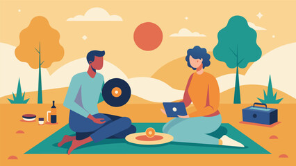 Sitting on a picnic blanket a the and client enjoy the warm sun and soothing sounds of a vinyl record playing in the background. As they listen the Vector illustration