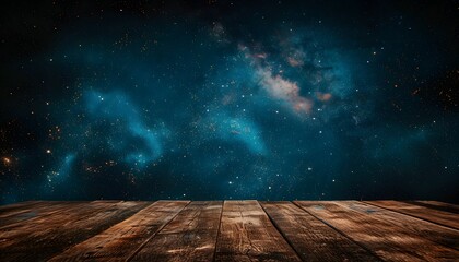 A wooden table with a starry night sky background, creating an atmosphere of mystery and wonder for product display