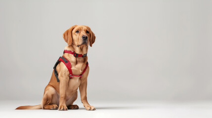 Alert Labrador In A Red Harness Sits Attentively On A Neutral Light Studio Background