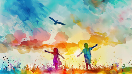 Fototapeta premium watercolor children playing balloon,kids play together,children's day concept illustration background,Generative Ai