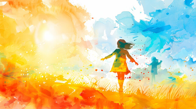 watercolor kids, Children's day concept together illustration background,Generative Ai