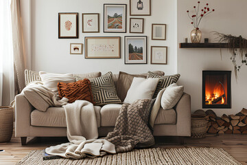 Modern living room with photo frame and sofa, pillow