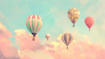Obraz premium A whimsical illustration of hot air balloons floating against a dreamy pastel sky