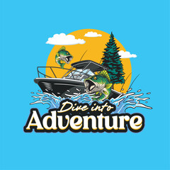 Vector Illustration of Boat with Bass Fish and Water Splash with Nature view with Vintage Illustration Available for Tshirt Design