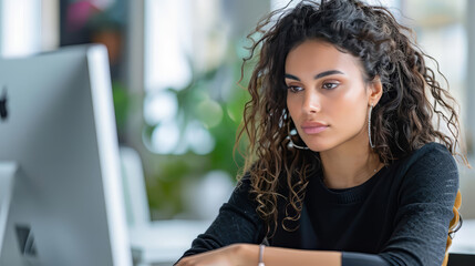 Young woman sitting at a computer in the office on a white background in a nice office chair,