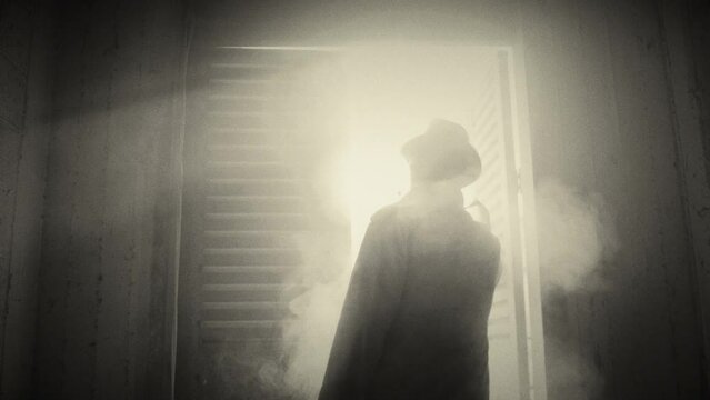 Film noir man looks out from a window with smoke