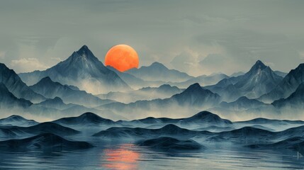 Stunning landscape with sunset on lush mountains, starry night sky with bright moon.