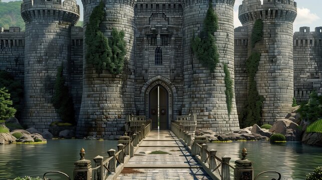 Grand castle entrance with a drawbridge and moat
