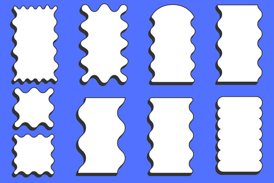 Wavy rectangle frame. Scallop edge box. Outline squiggle vector border. Groovy zigzag abstract shapes. Cute square aesthetic banners.