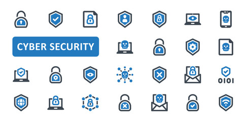 Cyber security icon set. data, protection, secured, network, hacker, crime, encryption, virus, warning, internet, hacking, computer, laptop. Blue Solid icons. Vector illustration