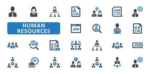 Human resources icon set. recruitment, hiring, candidate, employee, hr, job, resume, career, interview, occupation, team, teamwork. Blue Solid icons. Vector illustration