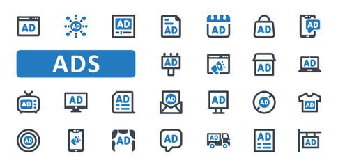 Ads icon set. ad, advertising, advertisement, media, marketing, promotion, billboard, banner, social media, internet, online, web, website. Blue Solid icons. Vector illustration
