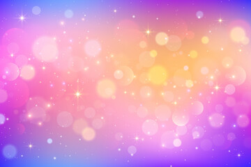 Pink unicorn background with stars. Cute sky with bokeh and glitter. Fantasy magic kawaii galaxy. Vector purple dreamy space. Holographic gradient wallpaper.