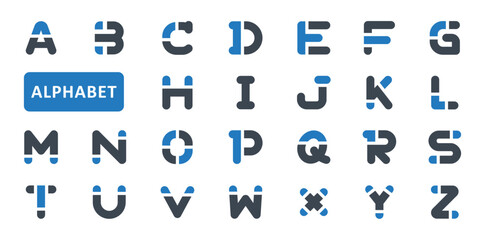 Alphabet icon set. abc, typography, font, letter, text, logotype, type, capital, typographic, typescript, style, logo, education, character. Blue Solid icons. Vector illustration