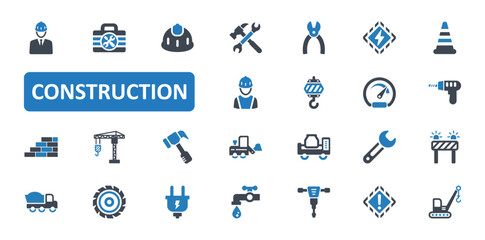 Construction Icon Set. build, architecture, engineer, contractor, worker, building, land, maintenance, builder, site, architect, industrial. Blue Solid icons. Vector illustration