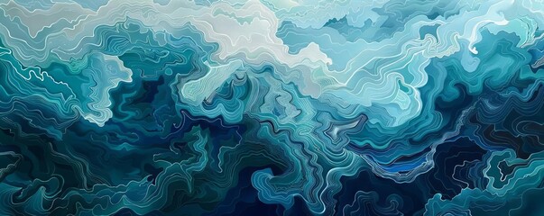 Abstract shapes resembling ocean currents layered in shades of turquoise and blue to mimic tidal waves