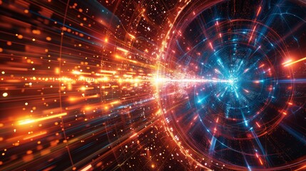 Obraz premium Dynamic particles and light effects in abstract quantum computation and advanced physics principles