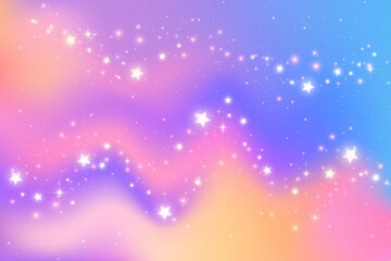 Purple wavy gradient sky. Pink and blue galaxy night. Starry vector space background. Bright colored fantasy universe with sparkles. Magic holographic fluid vibrant illustration of cosmos.