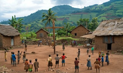 A group of children play in a rural African village. AI.