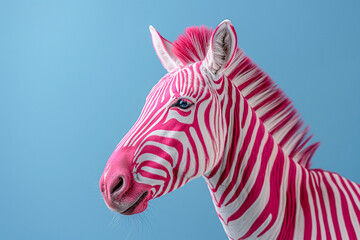 head of a psychedelic pink striped zebra isolated on a blue background