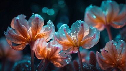 Close-up of orange and pink flowers with water droplets on their petals against a dark background. AI.