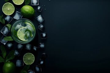 Refreshing Lime and Mint Cocktail with Ice on Dark Background