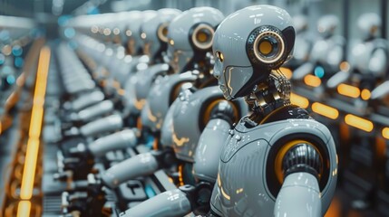 Fototapeta premium A production line of advanced humanoid robots. AI.