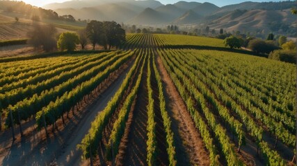 Rows of grape vines stretch to the horizon, with mountains in the distance. AI.