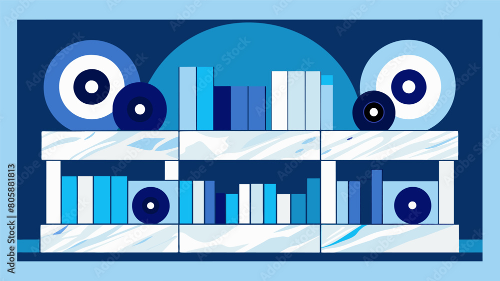 Poster a shelf displaying records with a marble effect in shades of blue and white adding a touch of elegan