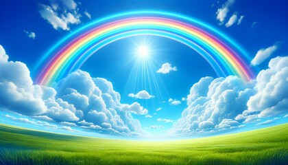 A luminous sky features a full rainbow arching vividly across fluffy clouds, casting a bright and cheerful atmosphere in a wide-angle shot. Perfect for a mood-lifting background.