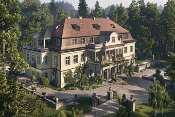 Fototapeta premium AI-driven German manor set in the countryside, blending modern efficiency with classic grandeur.