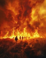 Firefighters walking through a raging wildfire. AI.