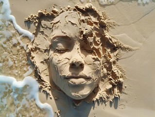 Detailed and Ephemeral Sand Portrait Sculpted on the Beach with Creative Arts Concept