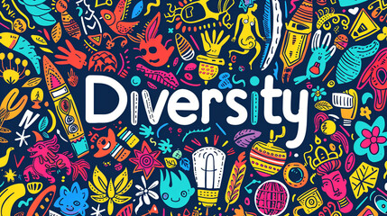 Isolated "Diversity" text surrounded by a mosaic of different cultural symbols, representing inclusivity and variety in society.