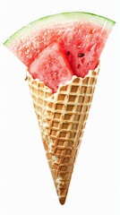 Fresh watermelon in ice cream cone isolated on white background.